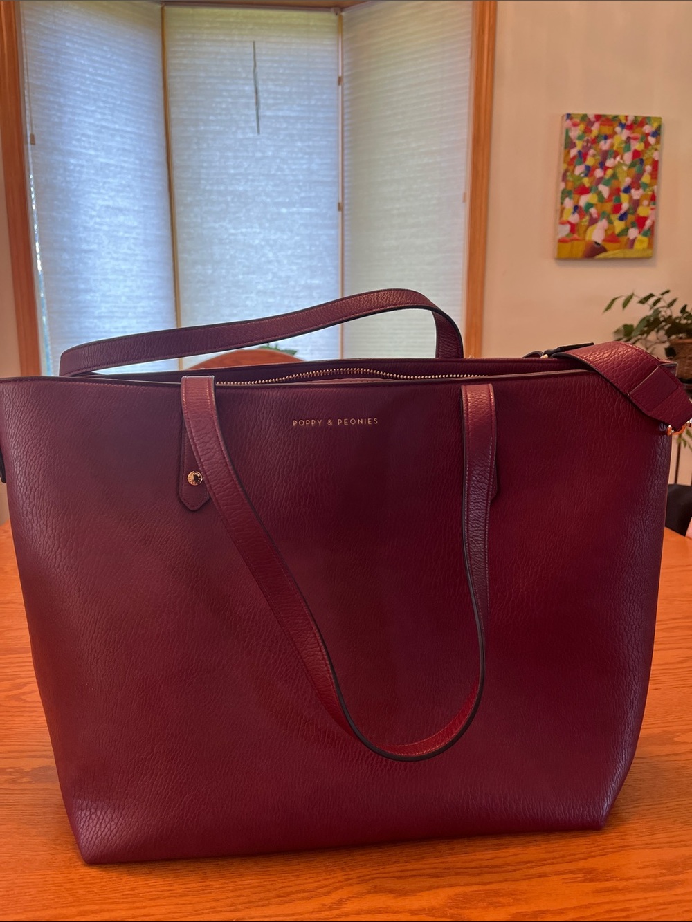 Poppy & Peonies Wine Leather Tote with Dual Straps